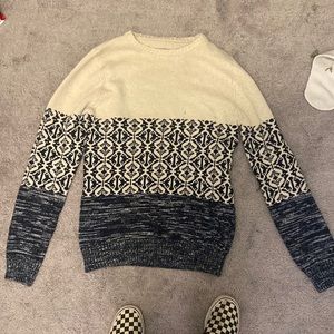 cool hand knitted blue and beige printed sweater
